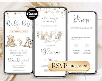 Winnie Baby Shower Invite with trackable RSVP page, Pooh Bear Gender Neutral Digital Web Invite, Editable Canva Template