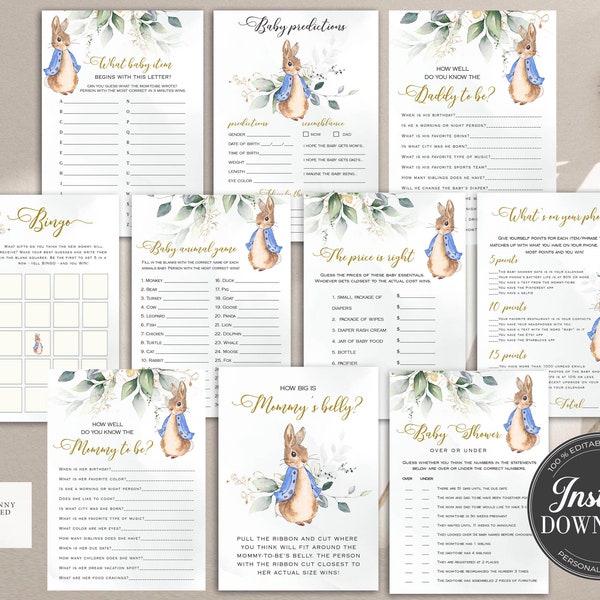 Peter Rabbit baby shower games printable, gender neutral shower game bundle, Girl or Boy baby shower games package , Editable Template, #PR