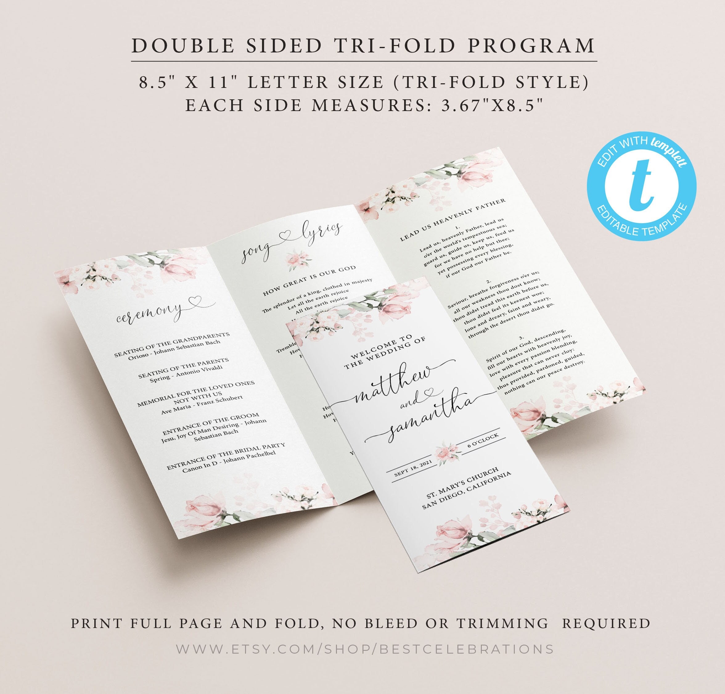 ROSA Editable Trifold Wedding Program Template Trifold Etsy Canada