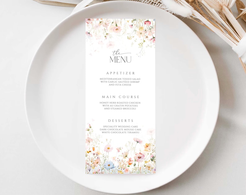 Wildflower Menu Card Template, Editable Wedding Menu, Baby Shower Table ...