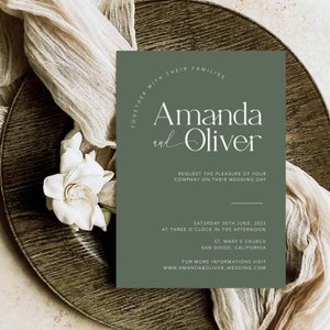 Minimalist Wedding Invitation Suite: Neutral Green, Brown, QR RSVP (Canva Template, Digital Download image 2