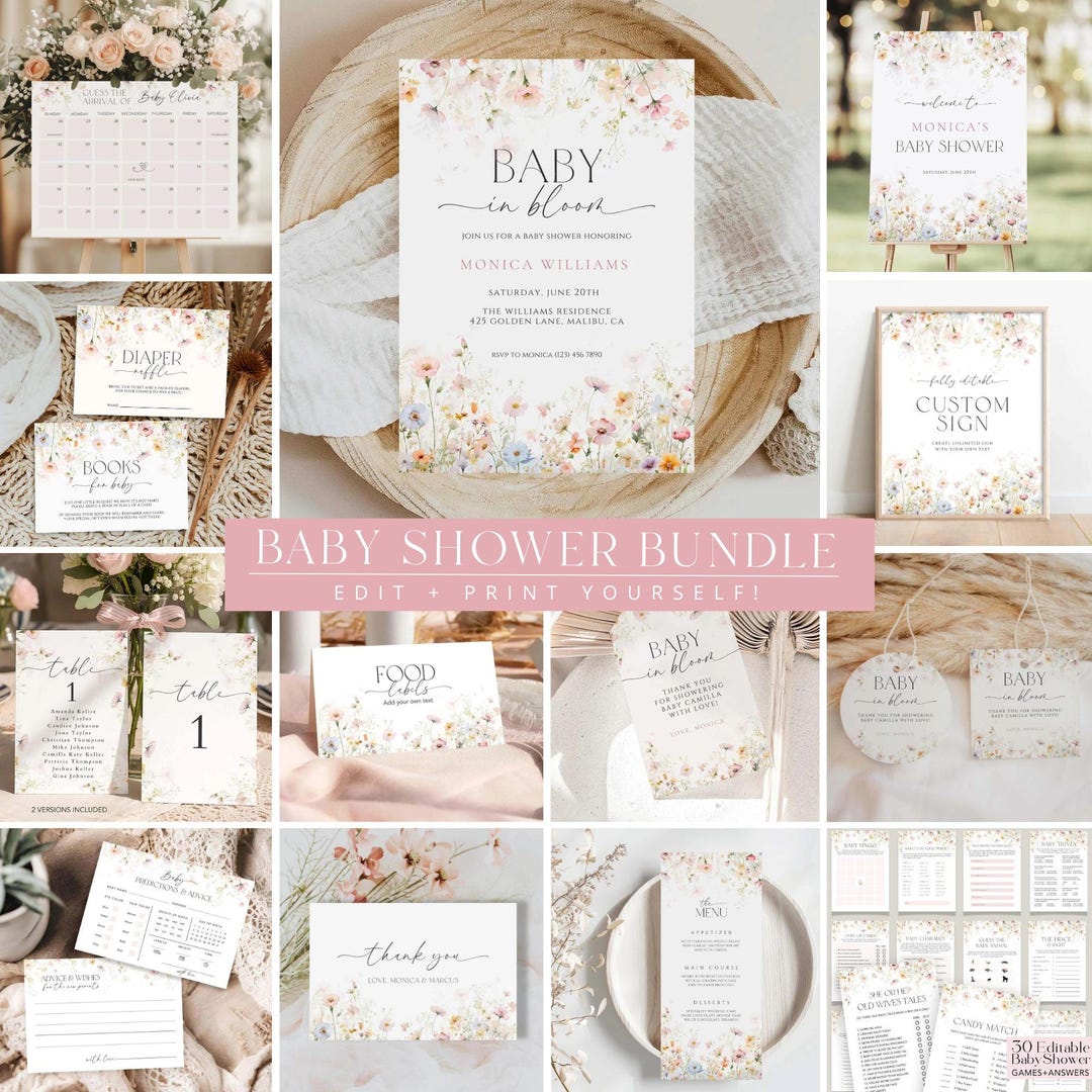 Baby in Bloom Baby Shower Invitation Bundle, Printable Wild Flower ...