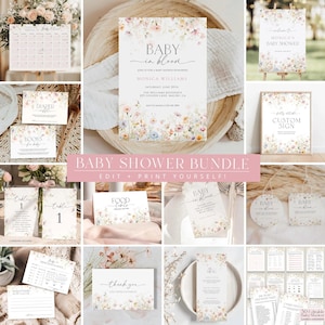 May include: A baby shower bundle featuring floral designs. Includes invitations, signs, table cards, tags, and games. The text "Baby in Bloom" and "Baby Shower Bundle" are visible. The color palette includes soft pinks, whites, and greens.