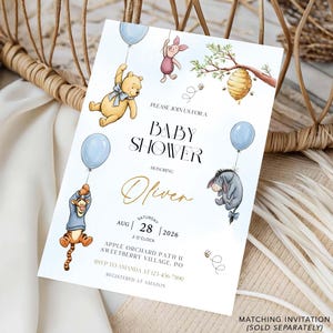 May include: Baby shower invitation with illustrations of Winnie the Pooh characters, such as Pooh Bear, Piglet, Eeyore, and Tigger, with blue balloons and a honeybee theme. The invitation reads "Baby Shower" and the name "Oliver".