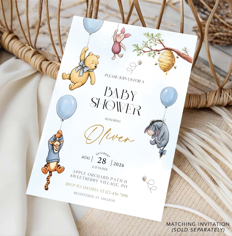 May include: Baby shower invitation with illustrations of Winnie the Pooh characters, such as Pooh Bear, Piglet, Eeyore, and Tigger, with blue balloons and a honeybee theme. The invitation reads "Baby Shower" and the name "Oliver".