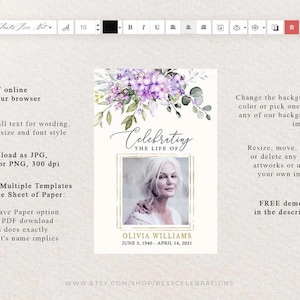May include: A printable memorial card template with a watercolor floral design in shades of purple and green. The card features a photo placeholder and the text "Celebrating the Life of" with a gold frame. The text "Olivia Williams June 3, 1940 - April 14, 2021" is printed below the photo.