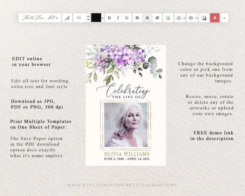 May include: A printable memorial card template with a watercolor floral design in shades of purple and green. The card features a photo placeholder and the text "Celebrating the Life of" with a gold frame. The text "Olivia Williams June 3, 1940 - April 14, 2021" is printed below the photo.