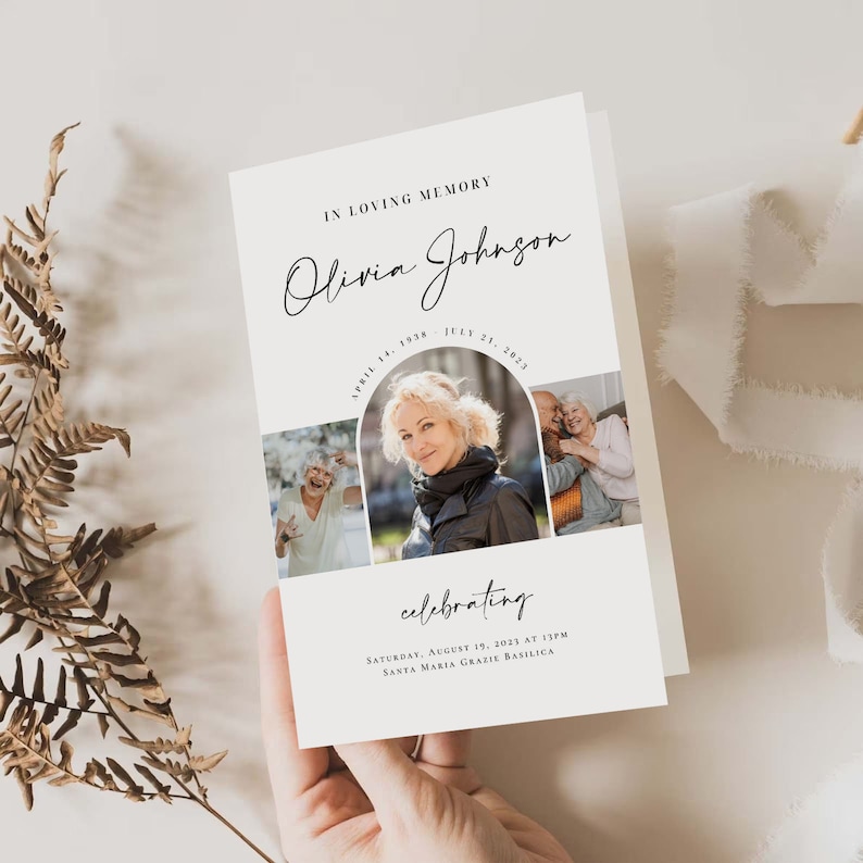 May include: A white memorial card with a black border and text that reads "In Loving Memory Olivia Johnson April 14, 1958 - July 21, 2023 celebrating Saturday, August 19, 2023 at 1:00 PM Santa Maria Grazie Basilica". The card features three photos of the deceased in black and white frames.