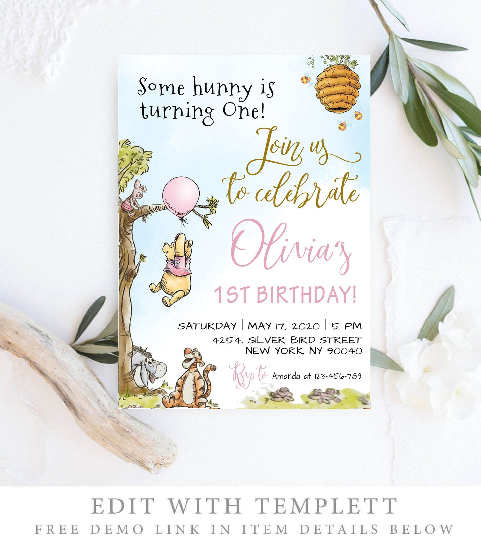 Editable Pink Winnie the Pooh 1st Birthday Invitation Classic Etsy