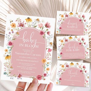 Baby in bloei uitnodigingsbundel, roze boho wilde bloemen babyshower, afdrukbare bloemensuite, lente, zomer, bewerkbare canvassjablonen PFL