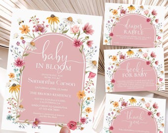 Pink Wildflower Baby Shower Invitation Bundle: Editable Canva Template