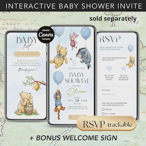May include: Interactive baby shower invite template featuring Winnie the Pooh characters. The design includes a baby list, baby shower details, and an RSVP form. The invite is customizable with the text "Editable Canva Template".
