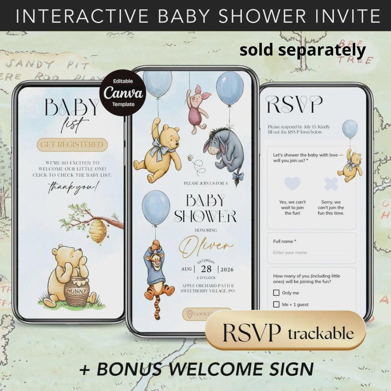 May include: Interactive baby shower invite template featuring Winnie the Pooh characters. The design includes a baby list, baby shower details, and an RSVP form. The invite is customizable with the text "Editable Canva Template".