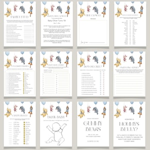 May include: A set of printable baby shower games with a Winnie the Pooh theme. The games include Family Feud, Baby's Time Capsule, Celebrity Babies, and more. Each game sheet is decorated with watercolor illustrations and blue balloons.