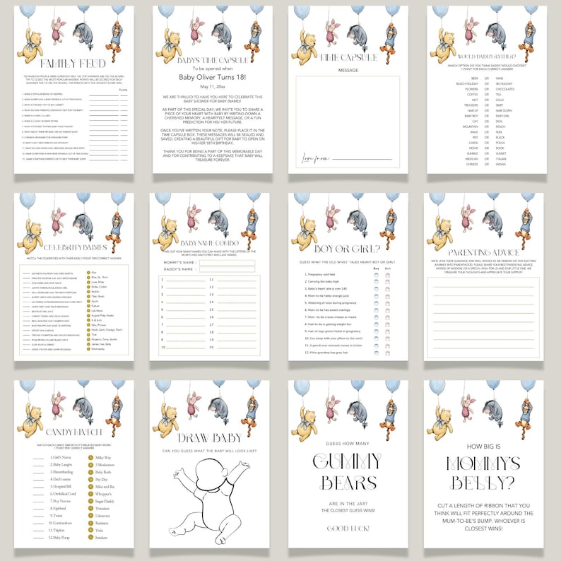May include: A set of printable baby shower games with a Winnie the Pooh theme. The games include Family Feud, Baby's Time Capsule, Celebrity Babies, and more. Each game sheet is decorated with watercolor illustrations and blue balloons.