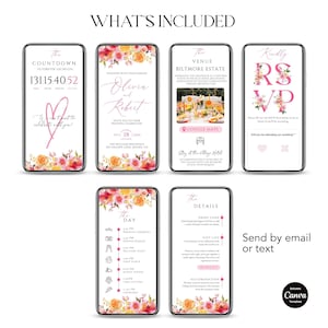 May include: A digital wedding invitation template displayed on several smartphones. The screens feature floral designs, event details, and RSVP information. Text includes "What's Included", "The Countdown", "Olivia & Robert", "The Venue", "The Day", "The Details", and "Kindly RSVP".