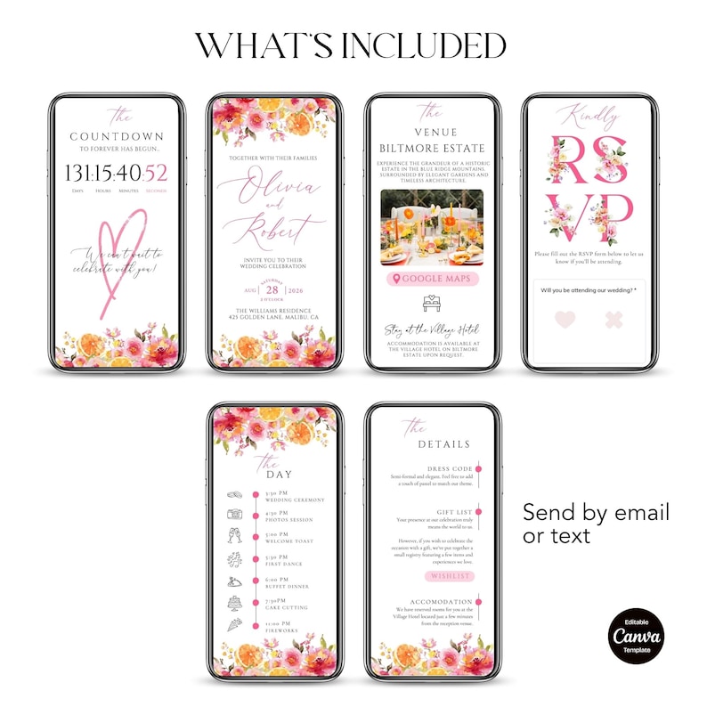 May include: A digital wedding invitation template displayed on several smartphones. The screens feature floral designs, event details, and RSVP information. Text includes "What's Included", "The Countdown", "Olivia & Robert", "The Venue", "The Day", "The Details", and "Kindly RSVP".