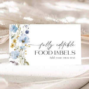 Etichetta alimentare per baby shower, Etichette alimentari di fiori selvatici, Etichette buffet modificabili, Etichette alimentari per carte tenda, Segnaposti floreali blu #BWFL