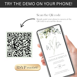 Pode incluir: Um smartphone exibe um convite de casamento com o texto "We Do" e detalhes florais. O convite inclui os nomes Olivia & Marcus, a data e o local. Um c&oacute;digo QR e o texto "RSVP trackable" tamb&eacute;m s&atilde;o vis&iacute;veis.