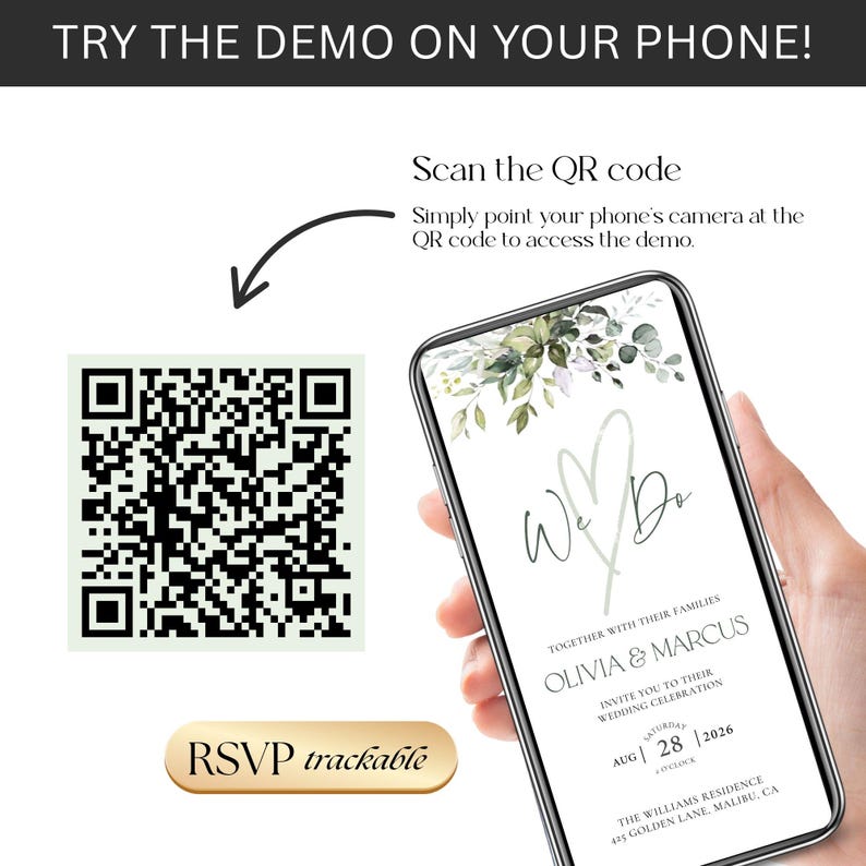 Pode incluir: Um smartphone exibe um convite de casamento com o texto "We Do" e detalhes florais. O convite inclui os nomes Olivia & Marcus, a data e o local. Um c&oacute;digo QR e o texto "RSVP trackable" tamb&eacute;m s&atilde;o vis&iacute;veis.