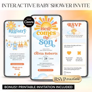 May include: Three smartphone screens displaying an interactive baby shower invitation template with a sun and cloud theme. The text includes Here comes the Son, Olivia Roberts, August 28, 2026, Registry, and RSVP. The design features soft watercolor graphics.