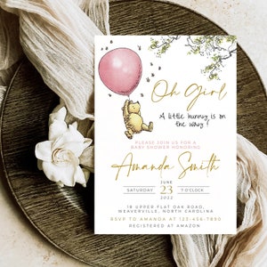 Invito classico Winnie The Pooh, Baby Shower Oh Girl Pooh, Modello modificabile per la festa di Winnie The Pooh, #CP1