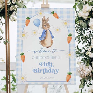 Peter Rabbit Birthday Sign bearbeitbares erstes Geburtstagsposter Blue Bunny Boy 1st Birthday Willkommensschild Printable Canva Templates PR