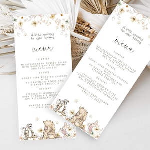 Modèle de carte de menu Winnie l'ourson, modèle de carte de menu non sexiste, carte de menu de baby shower, un peu délicieux pour votre ventre #WTPG