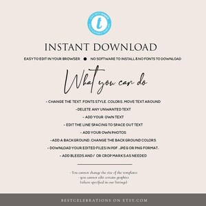 K&ouml;nnte beinhalten: Eine digitale Vorlagen-Anleitungsgrafik mit hellem Hintergrund und schwarzem Text. Sie enth&auml;lt die &Uuml;berschrift INSTANT DOWNLOAD, den Abschnitt What you can do und eine Liste von Bearbeitungsfunktionen, einschlie&szlig;lich des &Auml;nderns von Text, Schriftarten, Farben und dem Hinzuf&uuml;gen von Fotos.