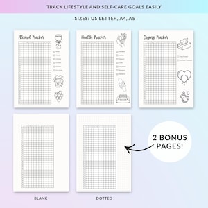 May include: A collection of printable self-care trackers, including alcohol, health, and crying trackers, with blank and dotted pages. The trackers are designed to help track lifestyle and self-care goals. The image includes the text "TRACK LIFESTYLE AND SELF-CARE GOALS EASILY".
