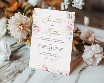 Floral Wedding Invitation: Blush Pink Boho Canva Template (Digital Download)