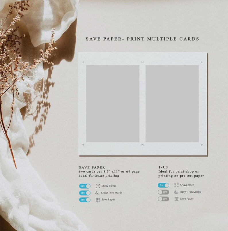 K&ouml;nnte beinhalten: Eine digitale Benutzeroberfl&auml;che mit Drucklayout-Optionen und zwei grauen rechteckigen Kartenvorlagen. Der Text umfasst SAVE PAPER- PRINT MULTIPLE CARDS, 1-UP sowie verschiedene Schalter f&uuml;r Show bleed, Show Trim Marks und Save Paper.