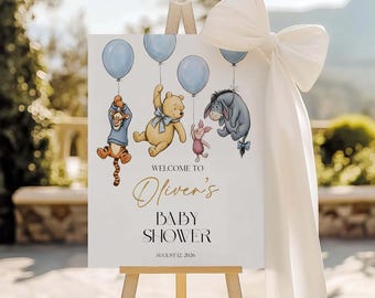 Winnie The Pooh Baby Shower Welcome Sign, Blue Balloon Bear Poster, Editable Canva Template