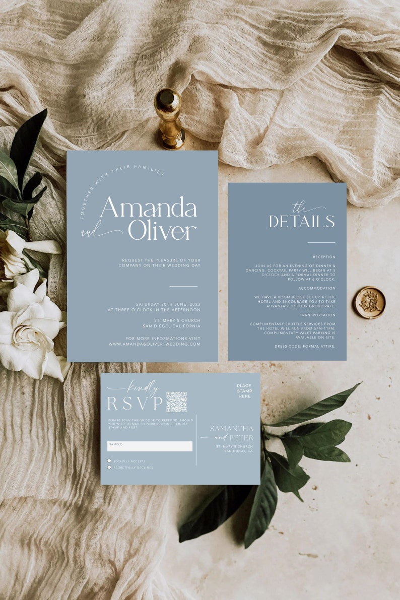 Faire-part de mariage bleu poussiéreux avec code QR, suite d'invitation de mariage minimaliste, ensemble minimal moderne, modèle d'invitation modifiable simple, MM2 image 1