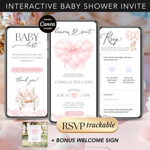 Puede incluir: Plantilla digital de invitación a baby shower mostrada en tres teléfonos inteligentes. El diseño presenta elementos de acuarela rosa suave, incluyendo un corazón, globos y un osito de peluche. El texto incluye "Baby List", "RSVP" y detalles del evento.
