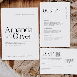Minimalist Wedding Invitation with QR Code, Rustic Wedding Invite Suite, Modern Invite, Simple Editable Invite Template, #MM2