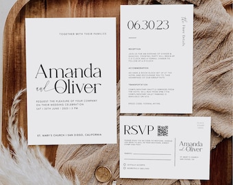 Minimalist Wedding Invitation with QR Code, Rustic Wedding Invite Suite, Modern Invite, Simple Editable Invite Template, #MM2