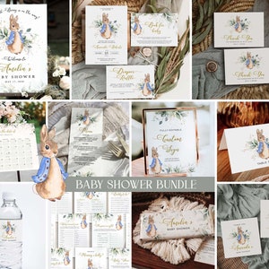 Peter Rabbit Bundle Junge Babyparty laden Blue Bunny Party Pack Windel Verlosung, benutzerdefiniertes Zeichen, Favor Tag, Sitzplan bearbeitbare Downloads #PR