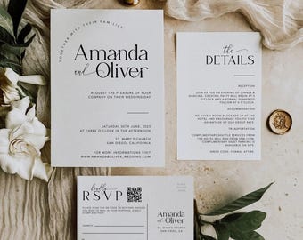 Minimalist Wedding Invitation Template – Editable Canva Suite with QR RSVP (Printable Digital)
