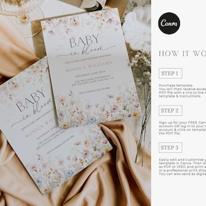 May include: Baby shower invitations with floral designs. The invitations feature the text "Baby in Bloom" and event details. The background is a soft, floral pattern with pastel colours. The Canva logo and instructions are also visible.