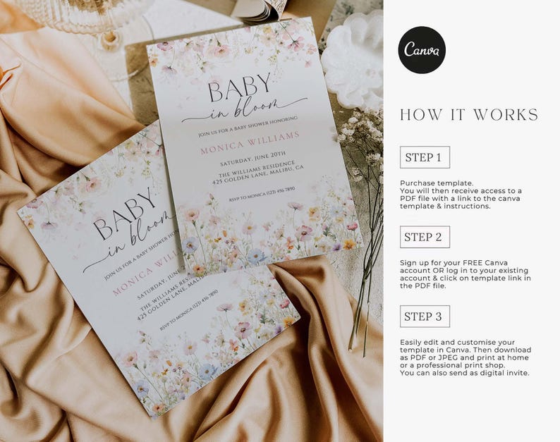May include: Baby shower invitations with floral designs. The invitations feature the text "Baby in Bloom" and event details. The background is a soft, floral pattern with pastel colours. The Canva logo and instructions are also visible.
