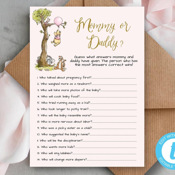 Winnie The Pooh Mommy or Daddy Shower Game , Classic Winnie the Pooh Baby Shower Games, Editable Winnie the Pooh Baby Shower Game #PWP