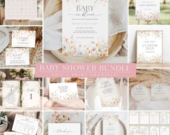 Baby in Bloom Baby Shower Invitation Bundle, Printable Wild Flower Invitate, Editable Baby Shower Games, Floral Baby Shower Templates FL1