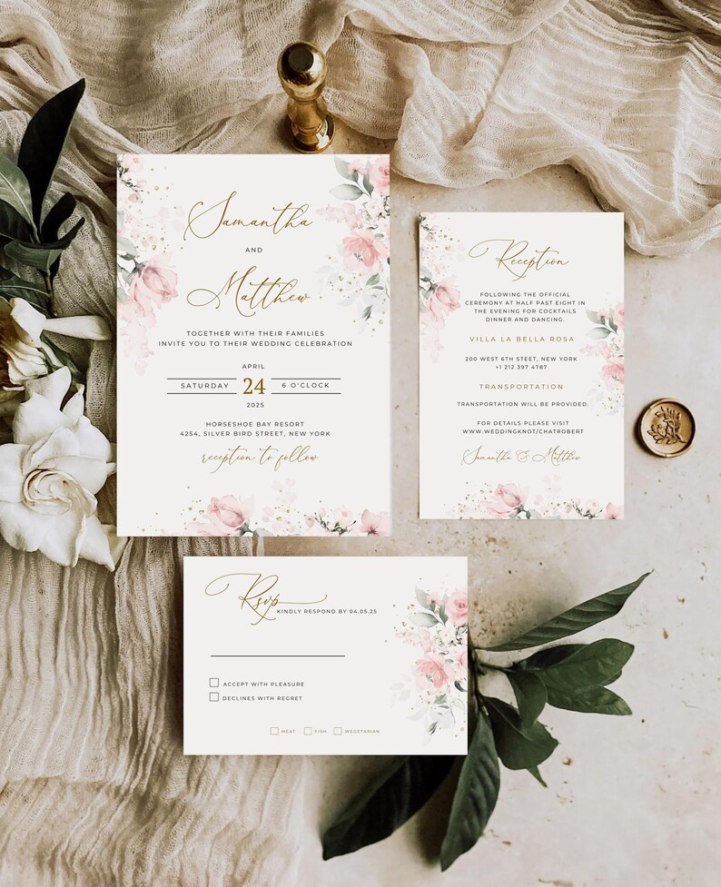 May include: Wedding invitation suite with a floral design. The invitation features a pink and white floral pattern with gold accents. The text on the invitation reads "Samantha and Matthew" and includes the date and time of the wedding. The RSVP card features a similar floral design and includes a space for guests to RSVP.