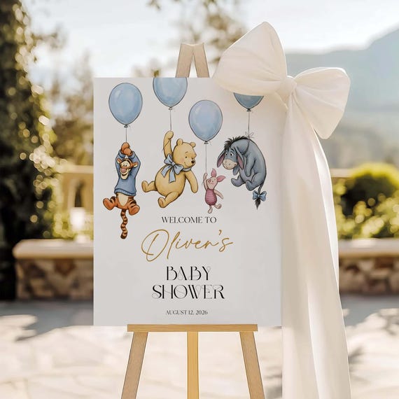 Winnie The Pooh Baby Shower Welcome Sign, Blue Balloon Bear Poster, Editable Canva Template