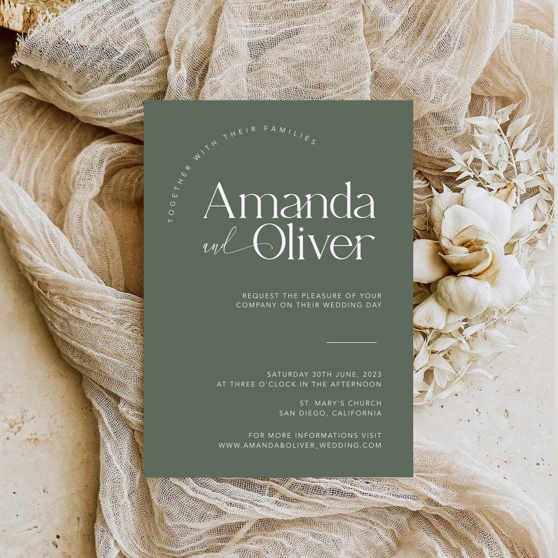 Minimalist Wedding Invitation Suite: Neutral Green, Brown, QR RSVP (Canva Template, Digital Download image 5