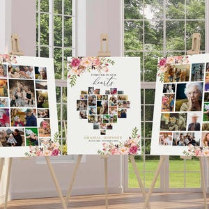Conjunto de 3 carteles de collage de fotos de funerales con corazones de color rosa, pósteres grandes para mujer, celebración de la vida en memoria amorosa, Canva FNRL