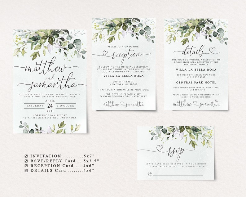 CHLOE Collection Eucalyptus Wedding Template Kit, Greenery Wedding Stationery Bundle, Wedding Invitation Set, Invitation Template Set image 2