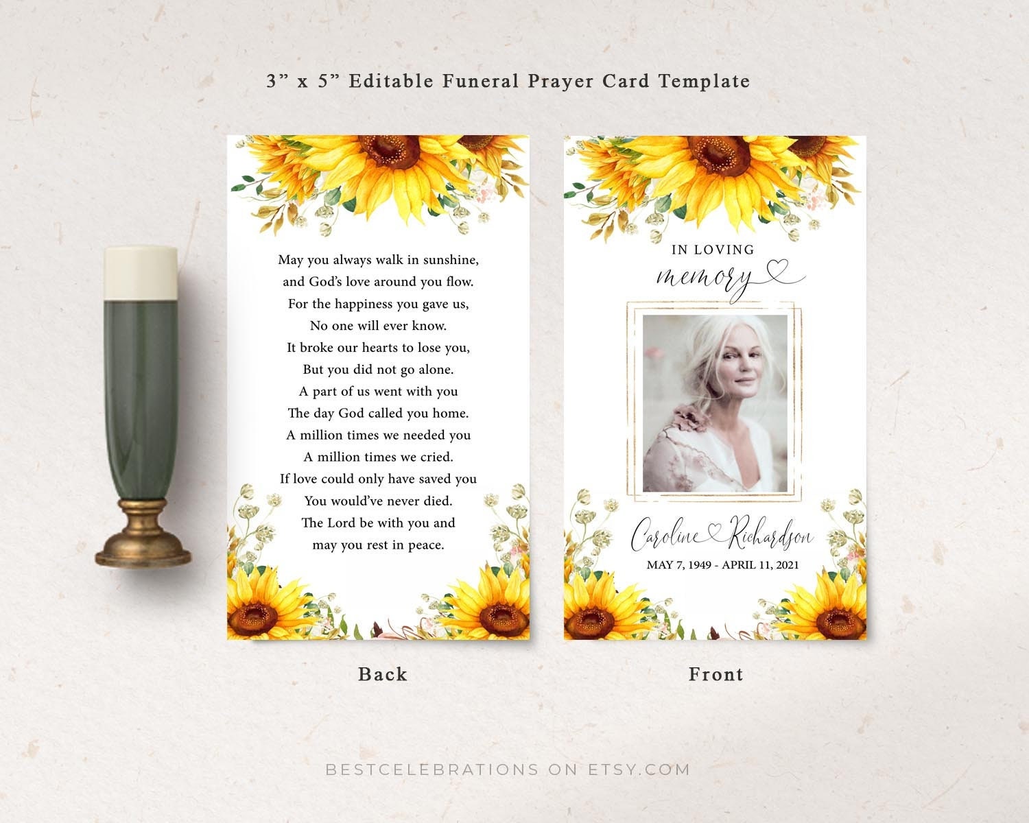 Sunflower Prayer Card Template Printable Memorial Prayer Card - Etsy