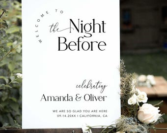 Pode incluir: Uma placa de boas-vindas retangular branca num cavalete com texto preto: WELCOME TO the Night Before celebrating Amanda & Oliver WE ARE SO GLAD YOU ARE HERE 09.14.20XX | CALIFORNIA, CA. A placa é decorada com rosas cor de creme.
